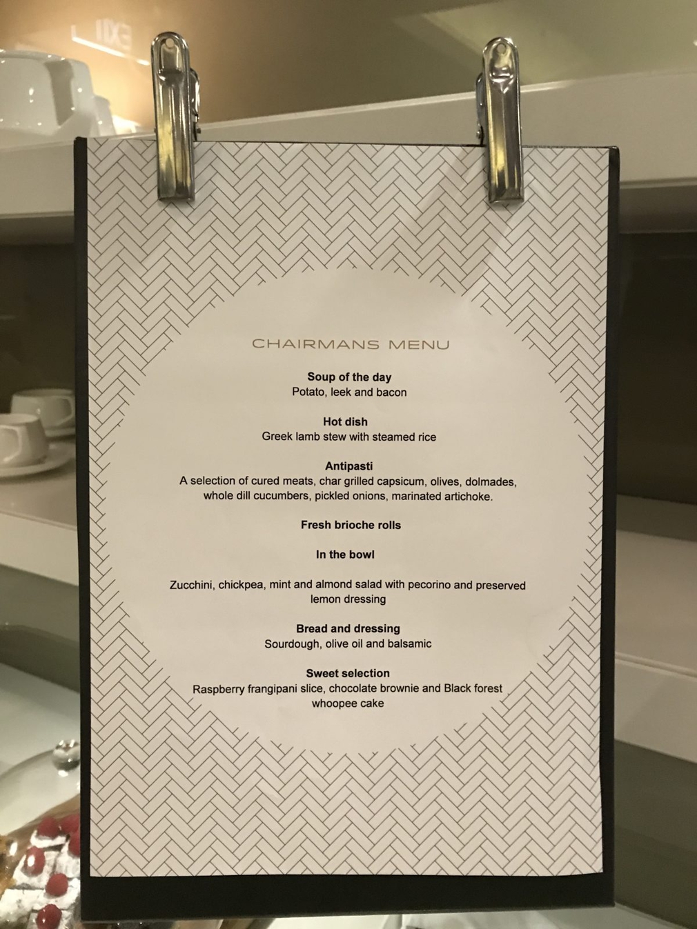 Brisbane Qantas Chairman's Lounge menu