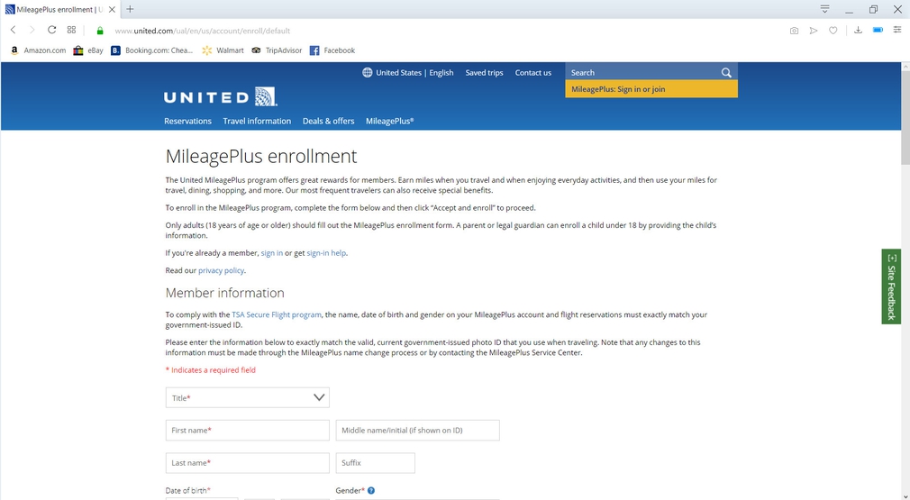 United Airlines MileagePlus signup page