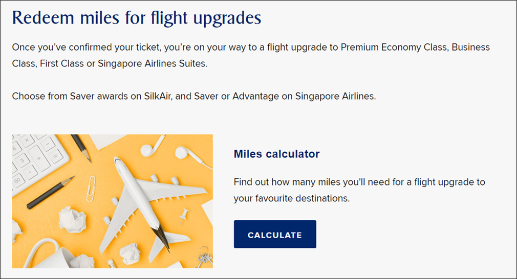 Redeem miles for flight upgrades page Krisflyer