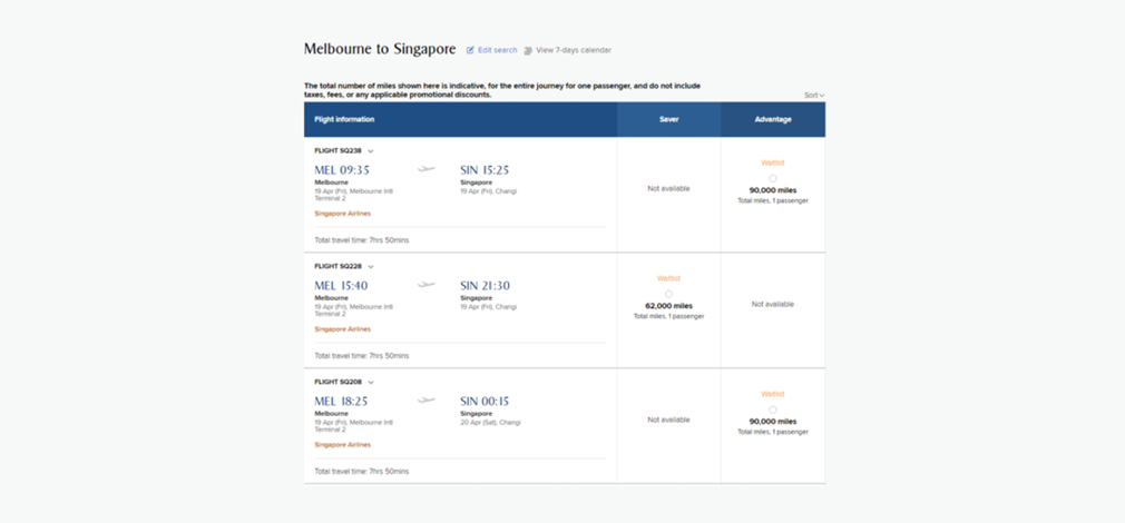 Krisflyer booking flights screen