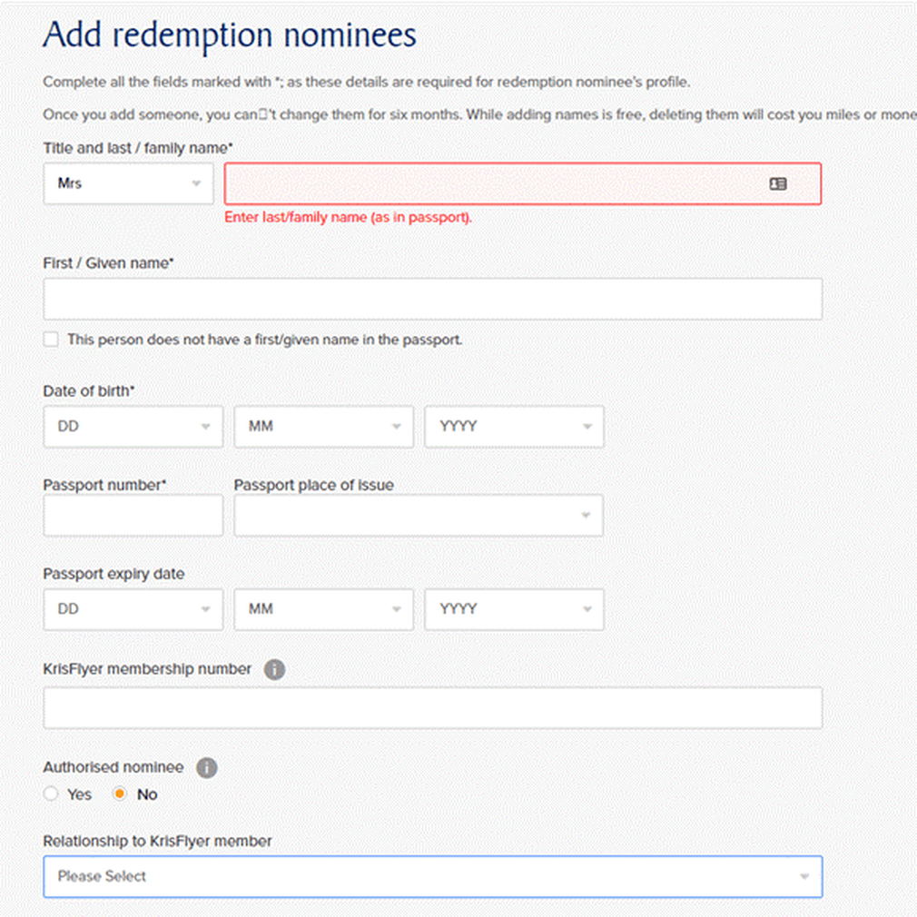 Personal details of nominee form Krisflyer