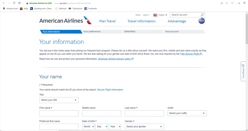 AAdvantage sign up page
