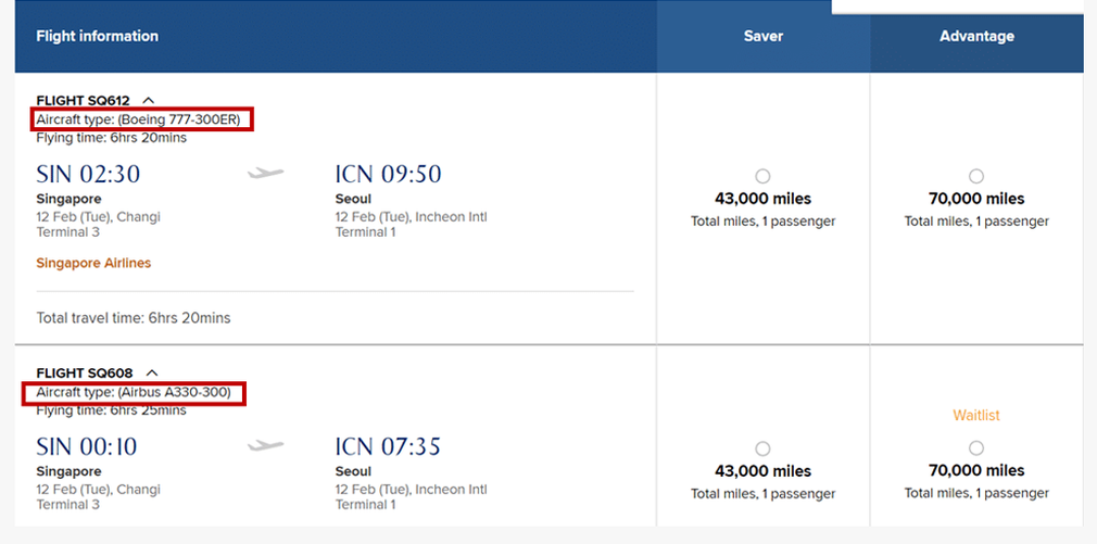 Booking different kinds of planes Singapore Airlines