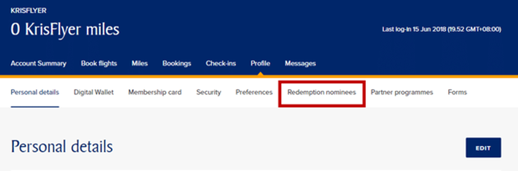 Redemption nominees tab Krisflyer portal