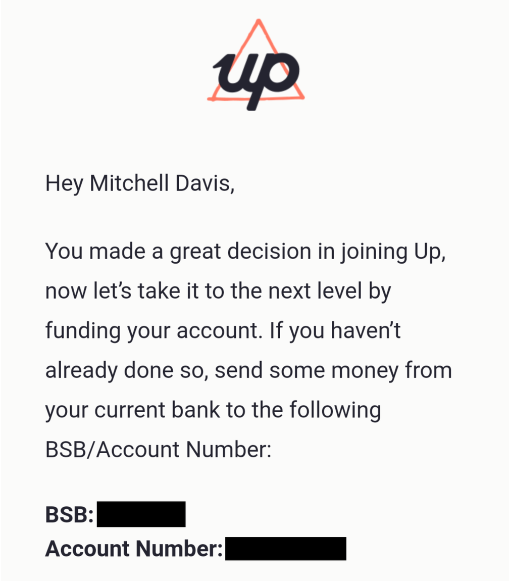 Up bank welcome email